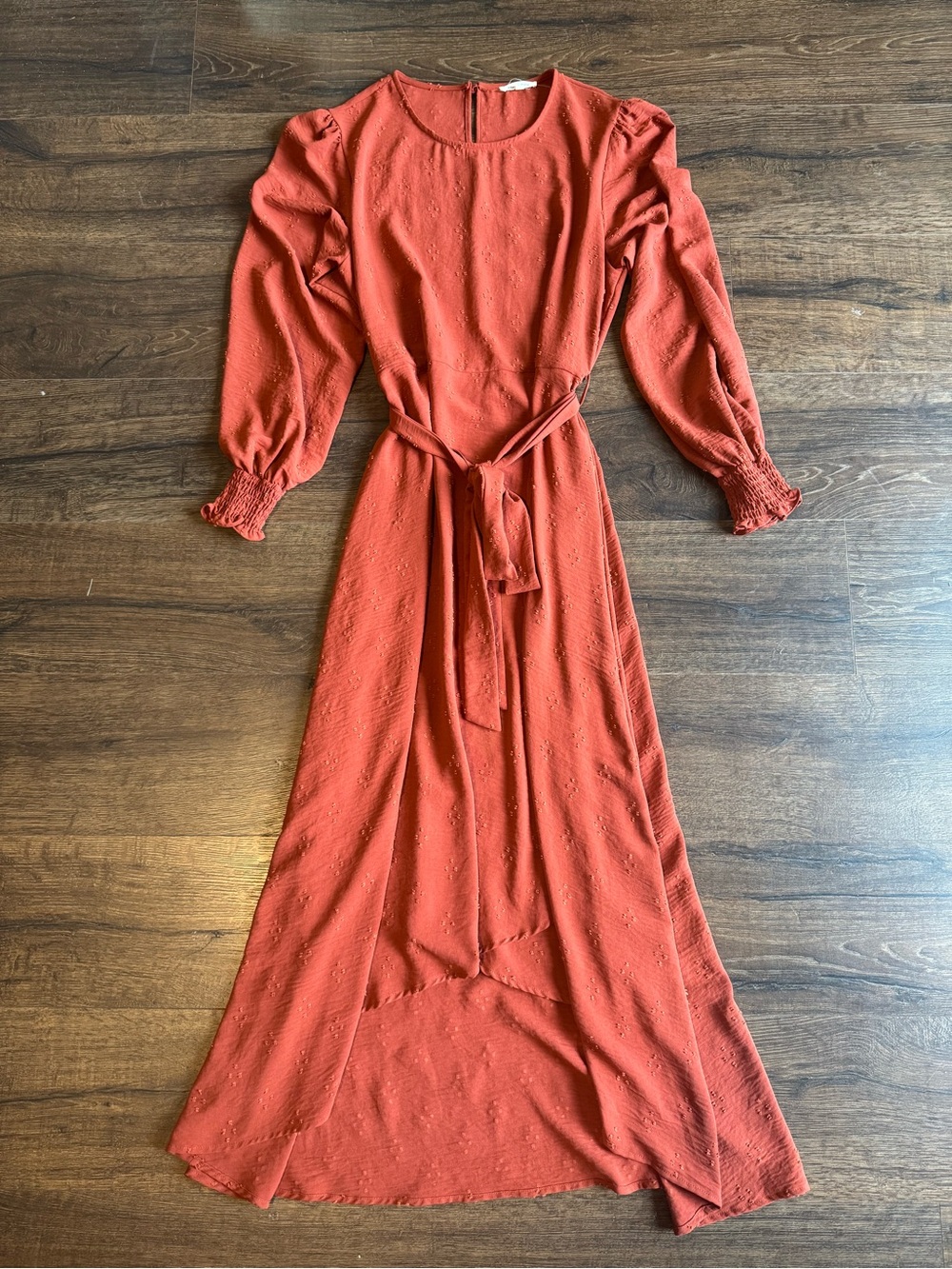 Textured Rust High-Low Maxi Dress with Tie Waist
